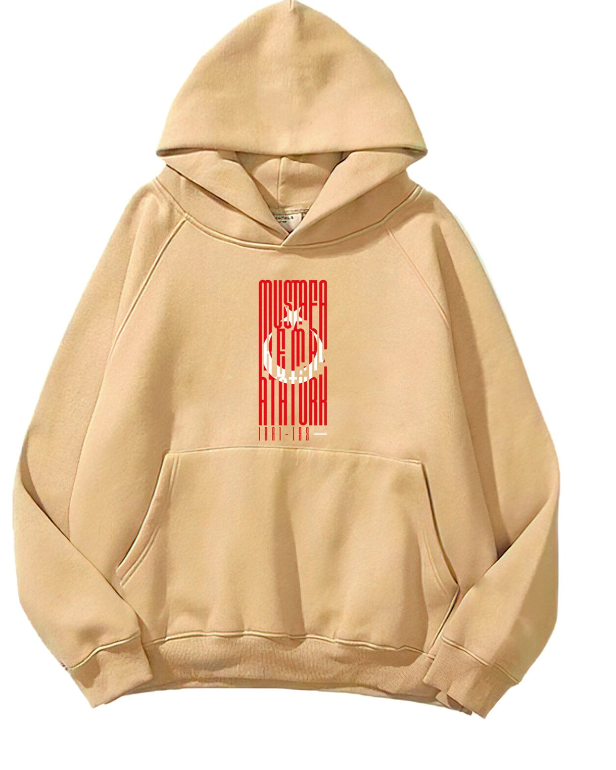 Kapüşonlu İçi Polar Türk Bayrağı Baskılı Bej Unisex Hoodie Sweatshirt
