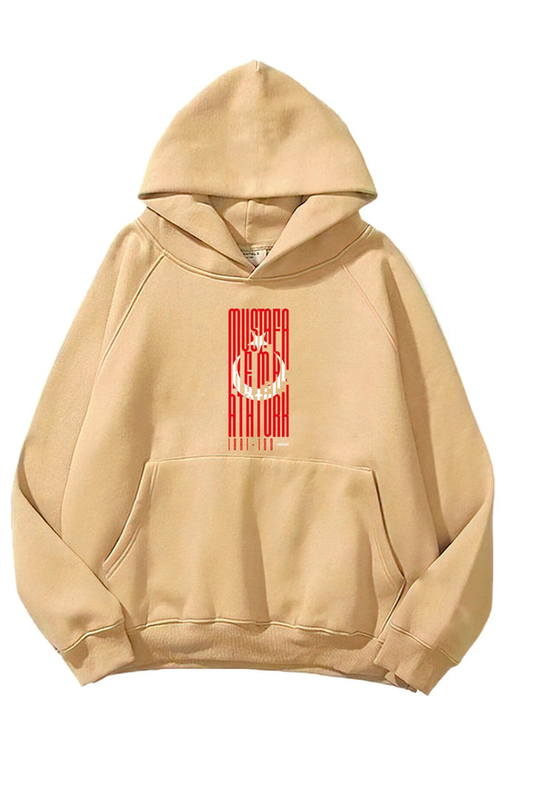 Kapüşonlu İçi Polar Türk Bayrağı Baskılı Bej Unisex Hoodie Sweatshirt