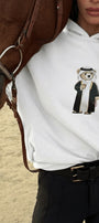 Erkek Oversize Sweatshirt Hoodie Qatari Bear Black Beyaz – Kapüşonlu, 3 İplik Polar, Kanguru Cepli