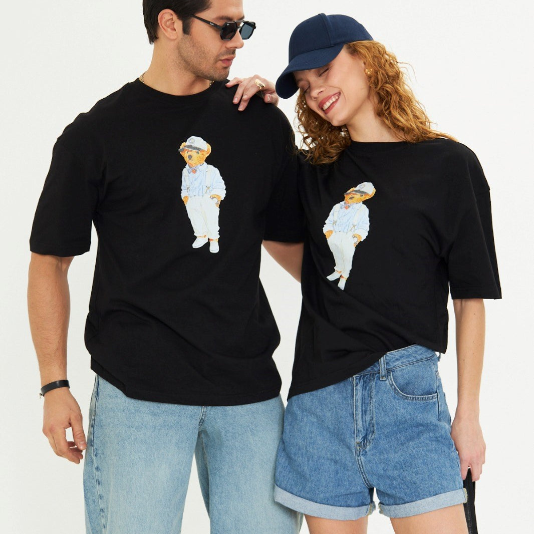 Unisex Siyah Ayıcık Baskılı Oversize Tişört Pamuklu Eğlenceli Çift Kombini Günlük Casual Model