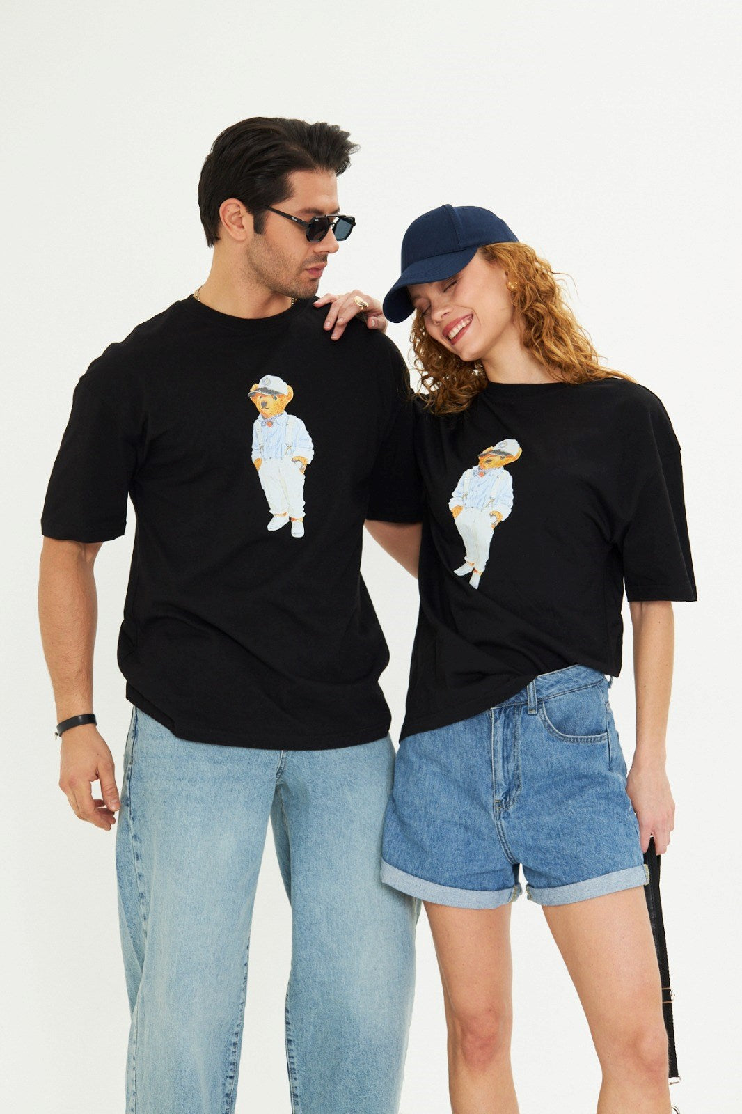 Unisex Siyah Ayıcık Baskılı Oversize Tişört Pamuklu Eğlenceli Çift Kombini Günlük Casual Model