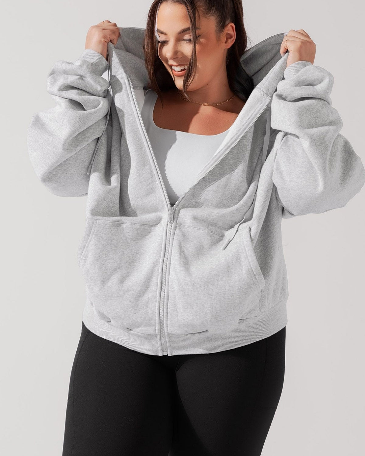 Kadın Gri Oversize Fermuarlı Kapüşonlu Sweatshirt 3 İplik Şardonlu Kumaş
