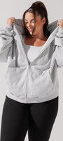 Kadın Gri Oversize Fermuarlı Kapüşonlu Sweatshirt 3 İplik Şardonlu Kumaş
