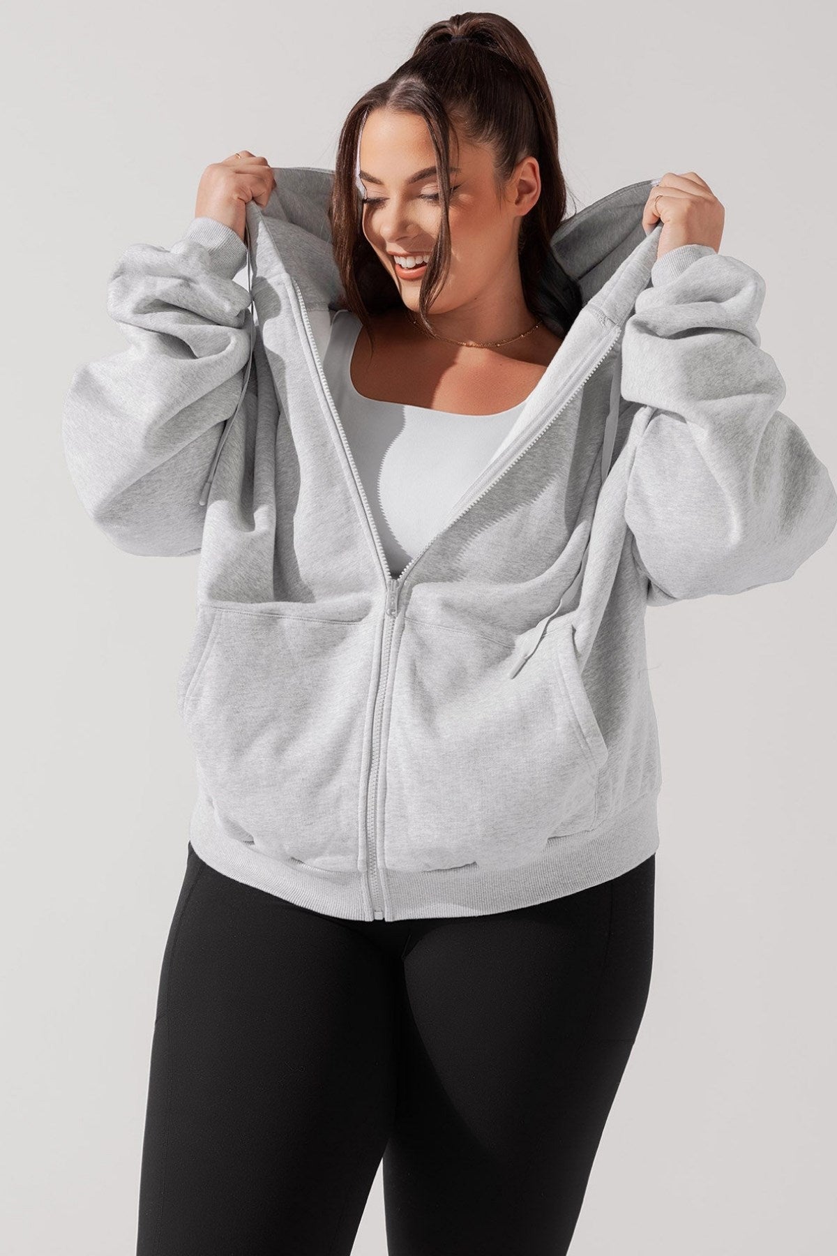 Kadın Gri Oversize Fermuarlı Kapüşonlu Sweatshirt 3 İplik Şardonlu Kumaş