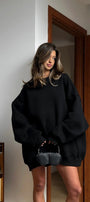 Kadın Oversize Sweatshirt Elbise Basic Siyah – Bisiklet Yaka, 3 İplik Şardonlu Polar