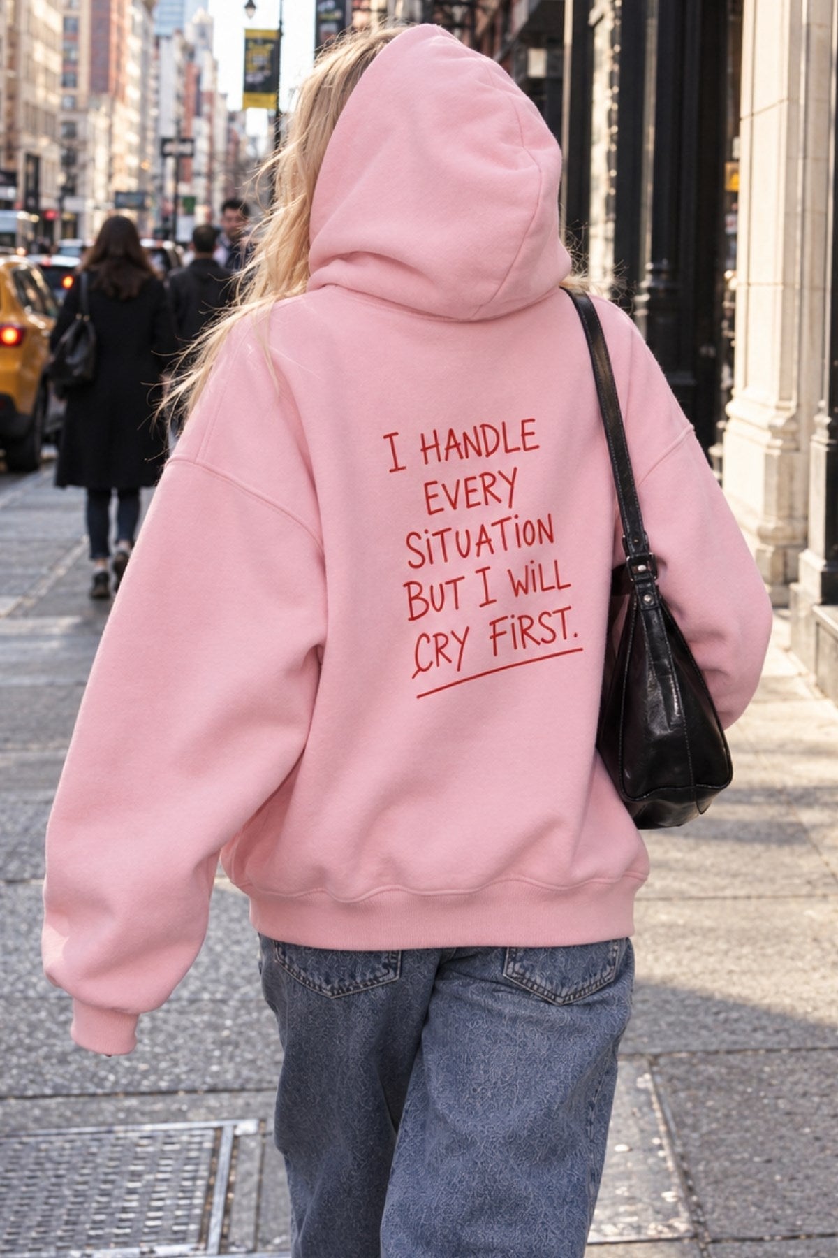 Kadın Oversize Hoodie Cry First Baskılı Pembe – Kapüşonlu, Kanguru Cepli, 3 İplik Şardonlu Polar