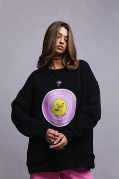 Kadın Oversize Sweatshirt Elbise Cute Ördek Baskılı Siyah – Bisiklet Yaka, 3 İplik Şardonlu Polar
