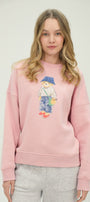 Kadın Teddy Ayıcık Baskılı Pembe 3 İplik Şardonlu Sweatshirt  Bisiklet Yaka, İçi Pamuklu