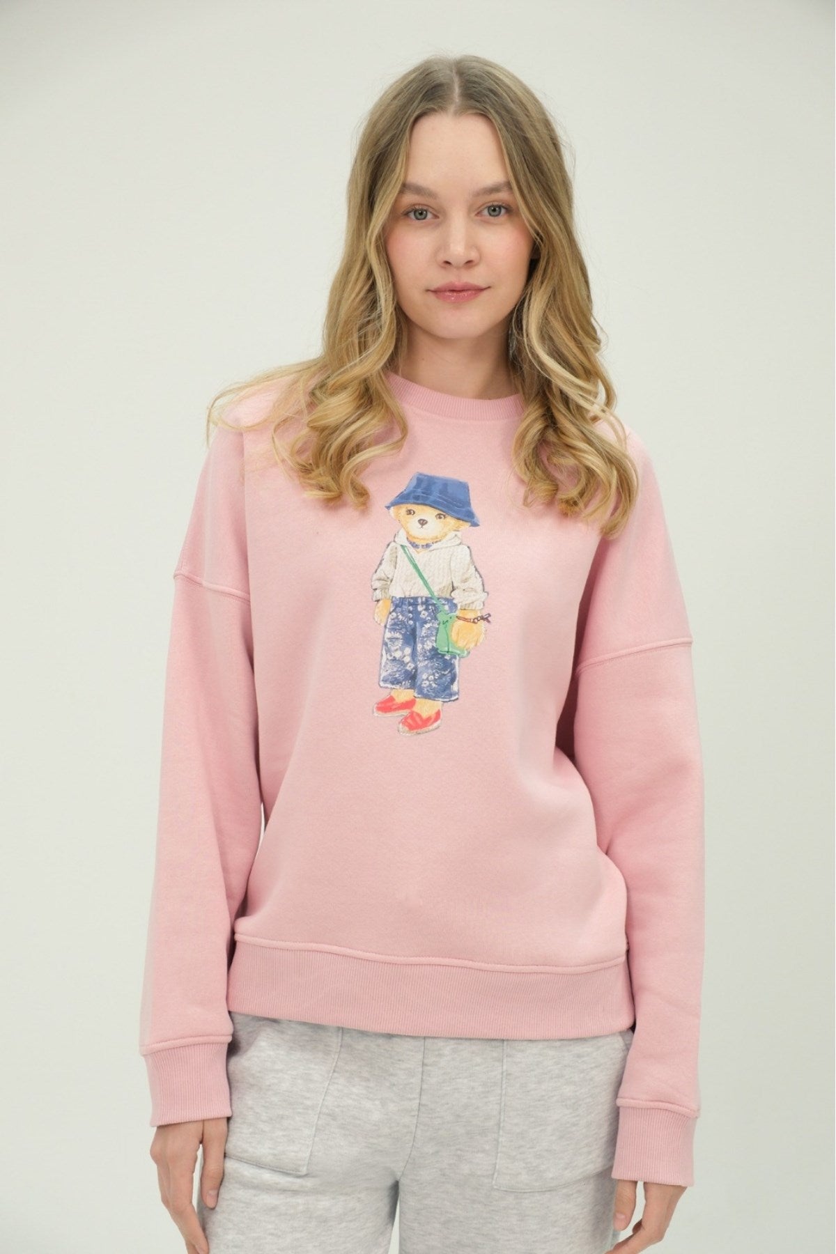 Kadın Teddy Ayıcık Baskılı Pembe 3 İplik Şardonlu Sweatshirt  Bisiklet Yaka, İçi Pamuklu