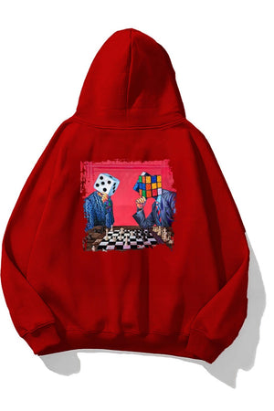 Kapüşonlu İçi Polar Satranç Baskılı Kırmızı Unisex Oversize Hoodie Sweatshirt