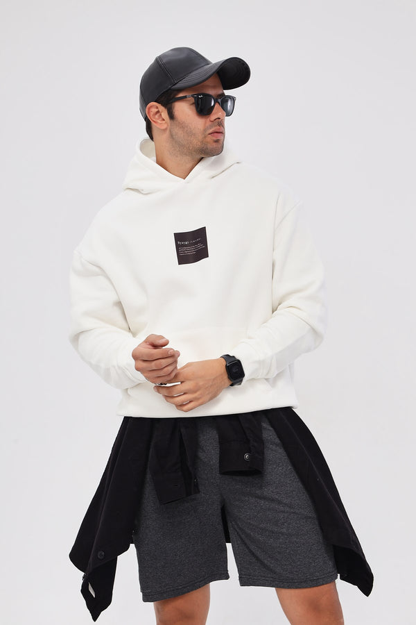 Kapüşonlu İçi Polar Syzygy Yazı Baskılı Beyaz Oversize Hoodie Sweatshirt