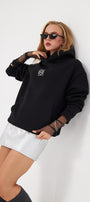 Kapüşonlu İçi Polar Taş Baskılı Siyah Oversize Hoodie Sweatshirt