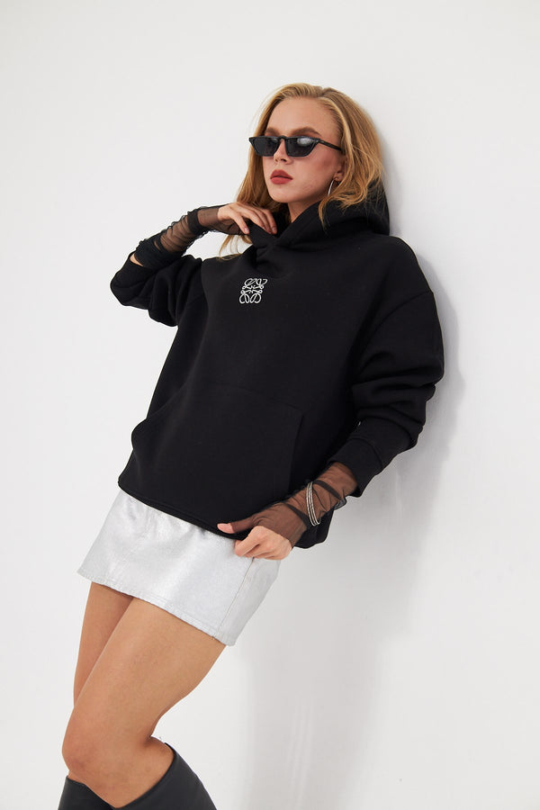 Kapüşonlu İçi Polar Taş Baskılı Siyah Oversize Hoodie Sweatshirt