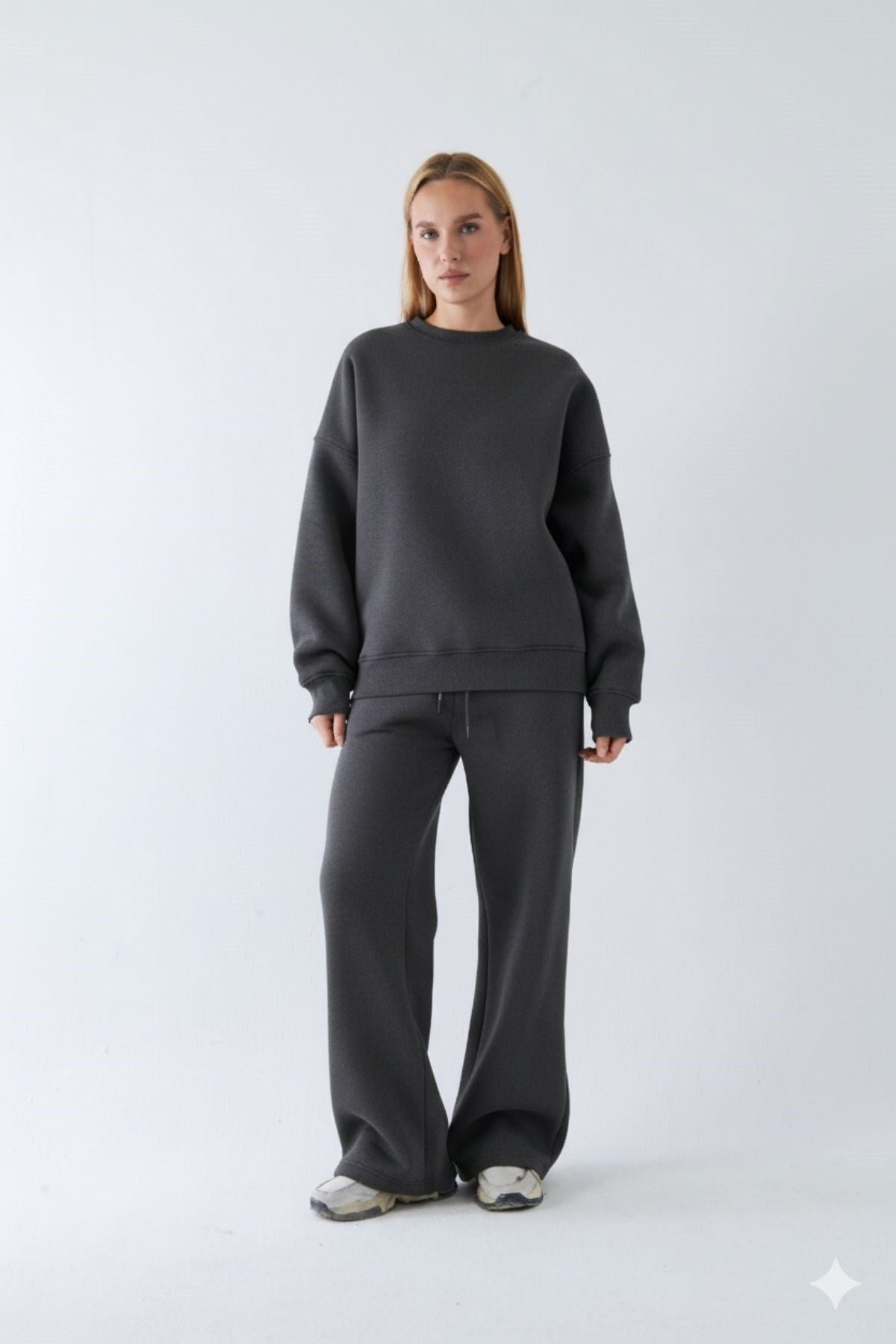 Unisex Oversize Eşofman Takımı Basic Füme Melanj – Bisiklet Yaka, Bol Paça, 3 İplik Şardonlu Polar