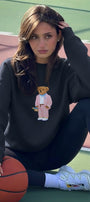 Kadın Oversize Sweatshirt Pink Suit Bear 3D Baskılı Lacivert – Bisiklet Yaka, 3 İplik Şardonlu Polar