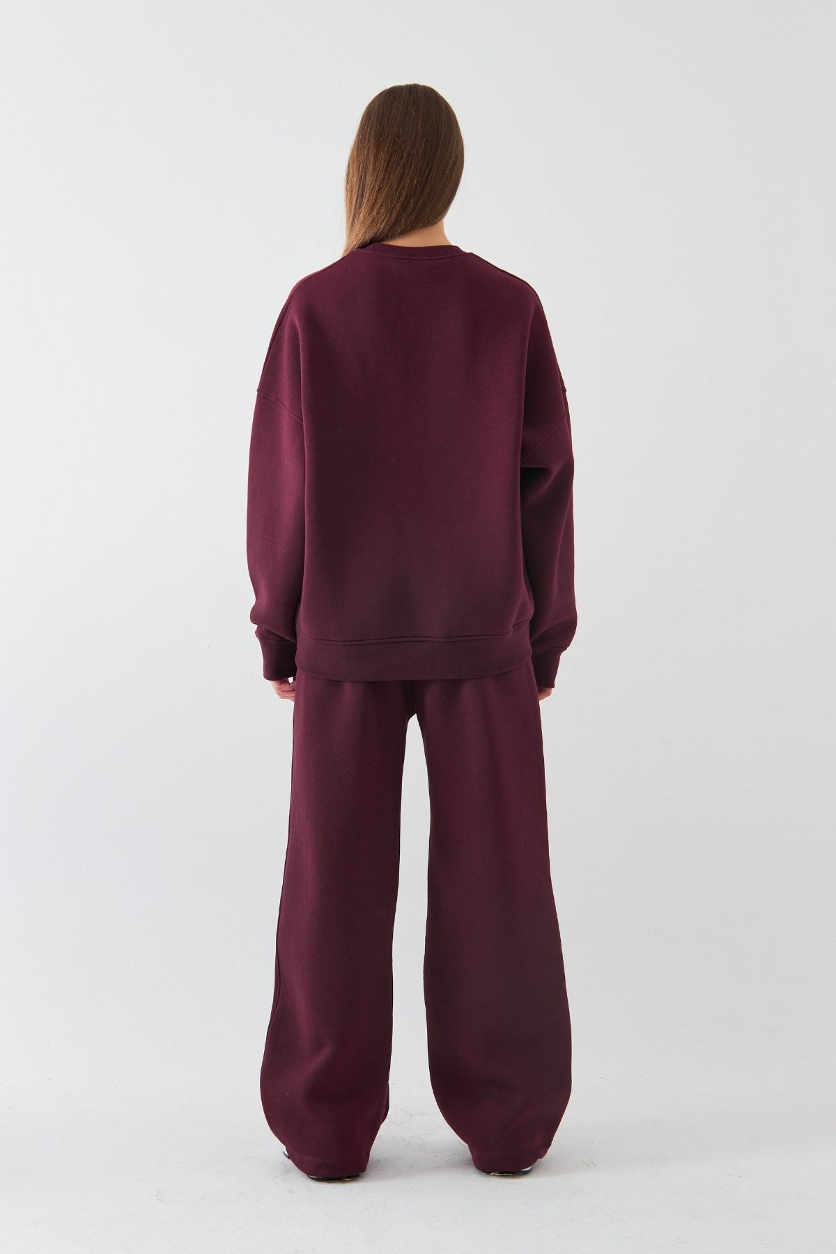Unisex Oversize Sweatshirt Basic Bordo – Bisiklet Yaka, 3 İplik Şardonlu Polar