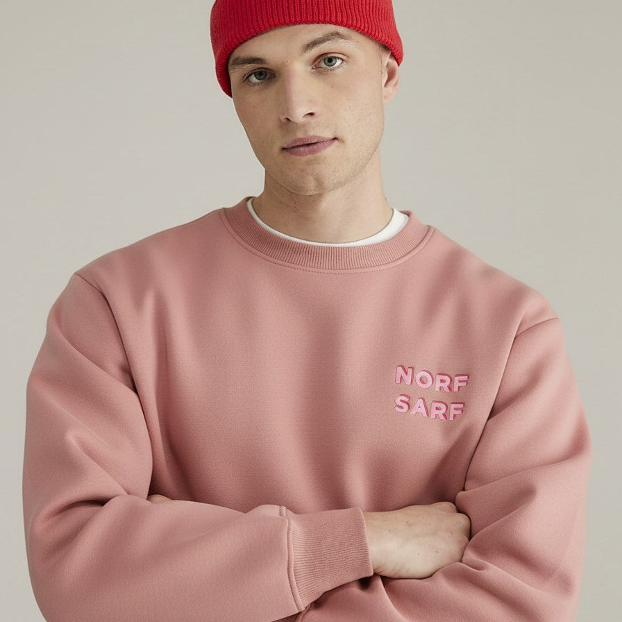 Unisex Oversize Sweatshirt Norf Sarf Harita Baskılı Pembe – Bisiklet Yaka, 3 İplik Şardonlu Polar
