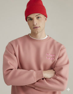 Unisex Oversize Sweatshirt Norf Sarf Harita Baskılı Pembe – Bisiklet Yaka, 3 İplik Şardonlu Polar