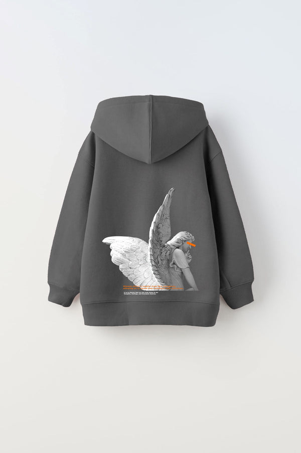 Kapüşonlu İçi Polar Art Work Heykel Baskılı Füme Unisex Çocuk Hoodie Sweatshirt