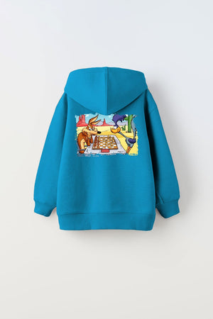 Kapüşonlu İçi Polar Satranç Cartoon Baskılı Mavi Unisex Çocuk Hoodie Sweatshirt