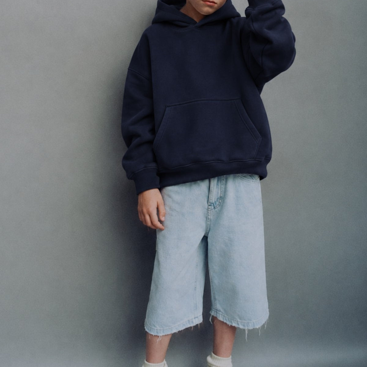 Erkek Çocuk Oversize Basic Hoodie Sweatshirt Lacivert – Kapüşonlu, Kanguru Cepli, 3 İplik Polar