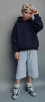 Erkek Çocuk Oversize Basic Hoodie Sweatshirt Lacivert – Kapüşonlu, Kanguru Cepli, 3 İplik Polar