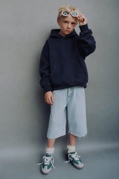 Erkek Çocuk Oversize Basic Hoodie Sweatshirt Lacivert – Kapüşonlu, Kanguru Cepli, 3 İplik Polar
