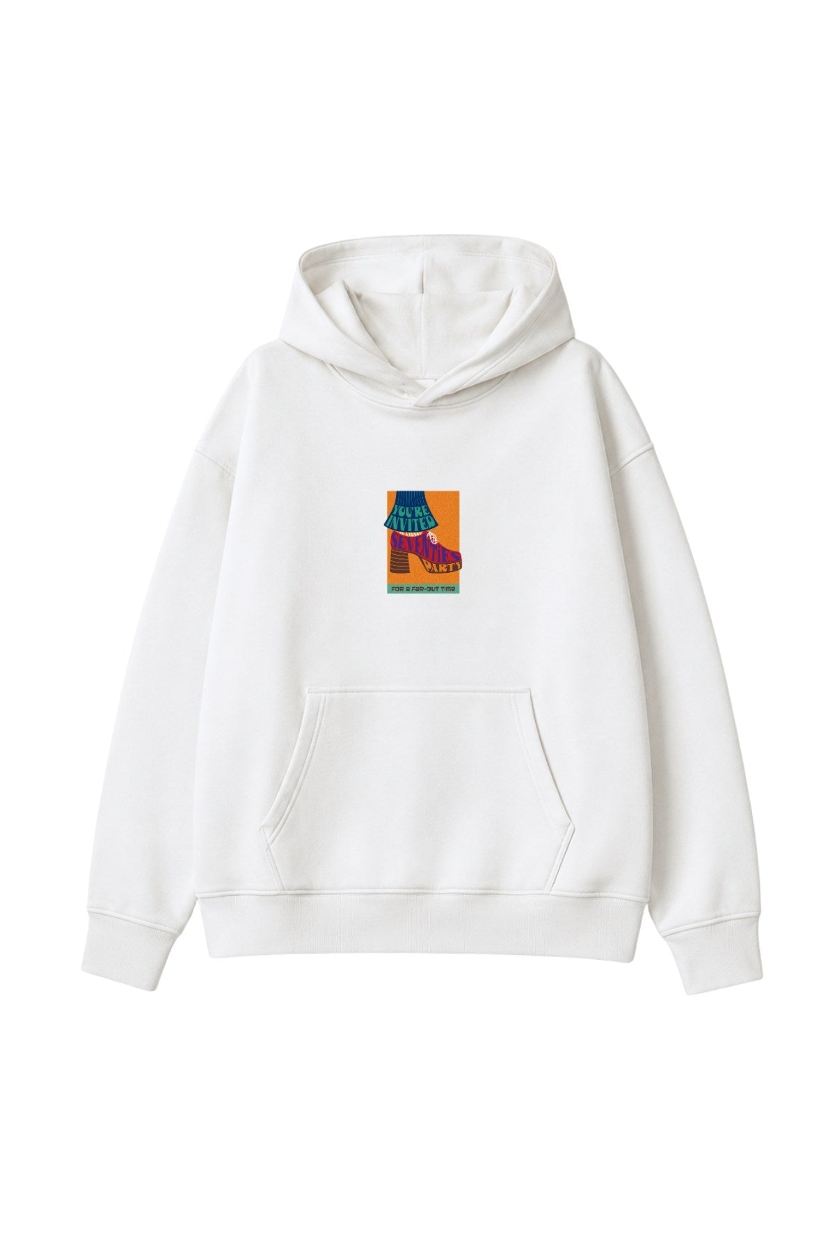 Kadın Oversize Hoodie Seventies Party Baskılı Beyaz - Kapüşonlu, Kanguru Cepli, 3 İplik Polar