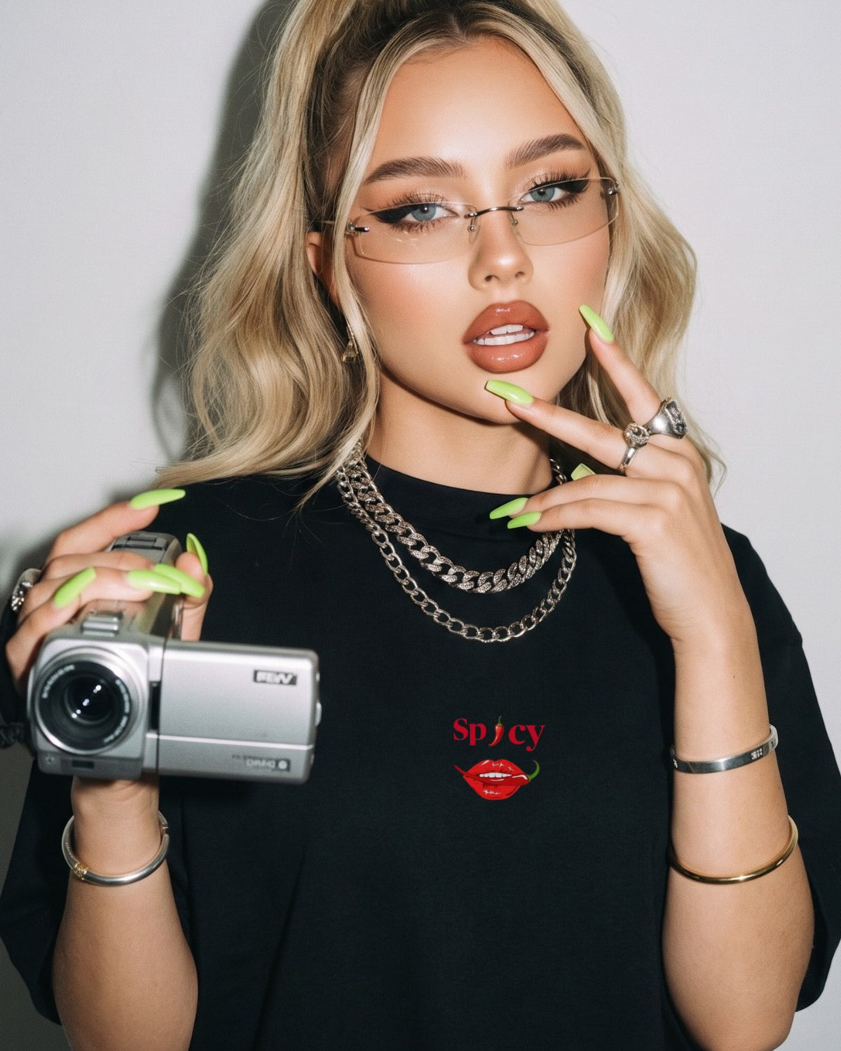 Kadın Oversize Tişört Spicy Lips Baskılı Siyah – Bisiklet Yaka, Rahat Kalıp, %100 Pamuk