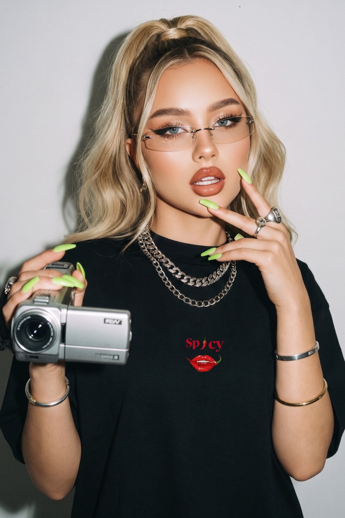 Kadın Oversize Tişört Spicy Lips Baskılı Siyah – Bisiklet Yaka, Rahat Kalıp, %100 Pamuk