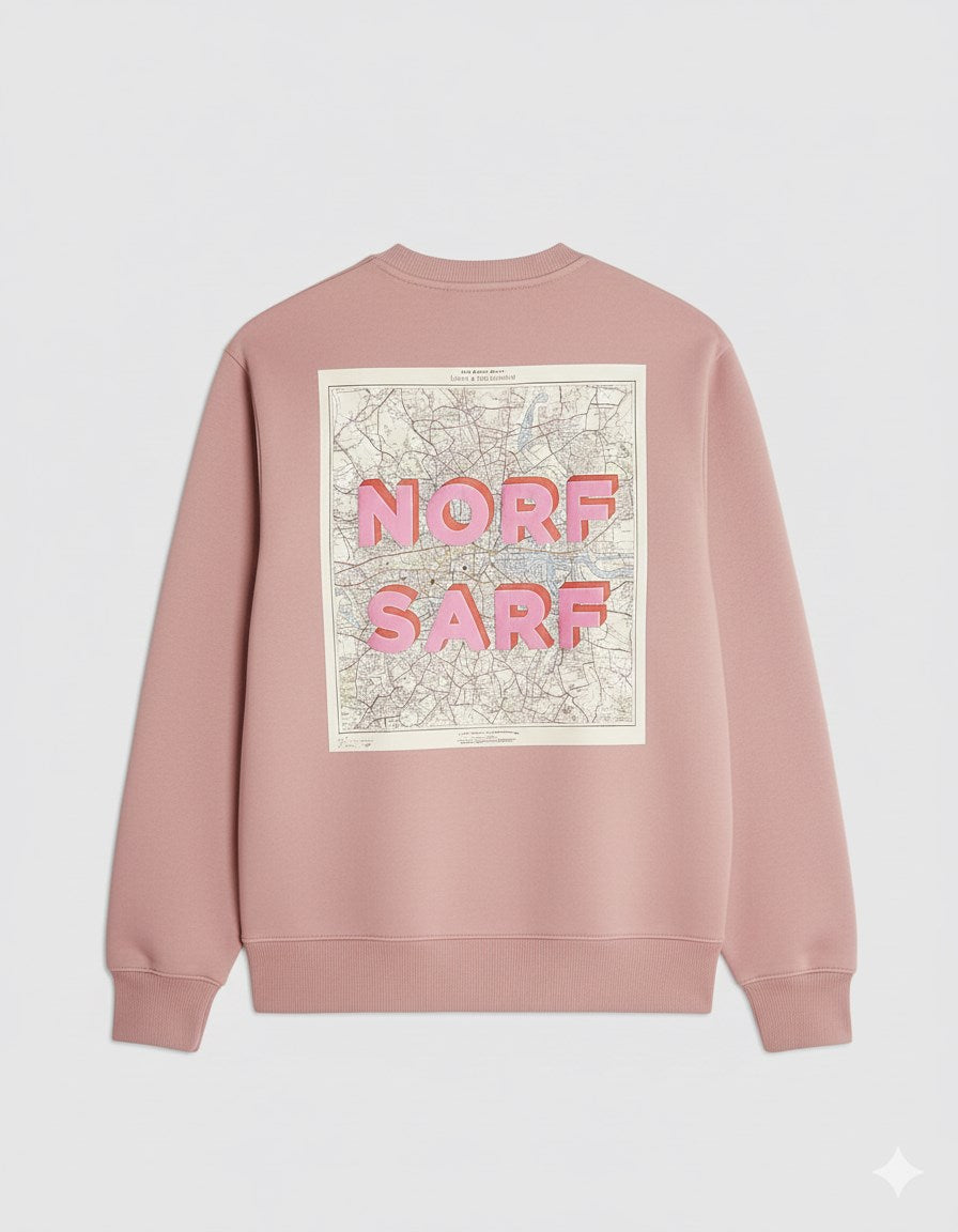Unisex Oversize Sweatshirt Norf Sarf Harita Baskılı Pembe – Bisiklet Yaka, 3 İplik Şardonlu Polar