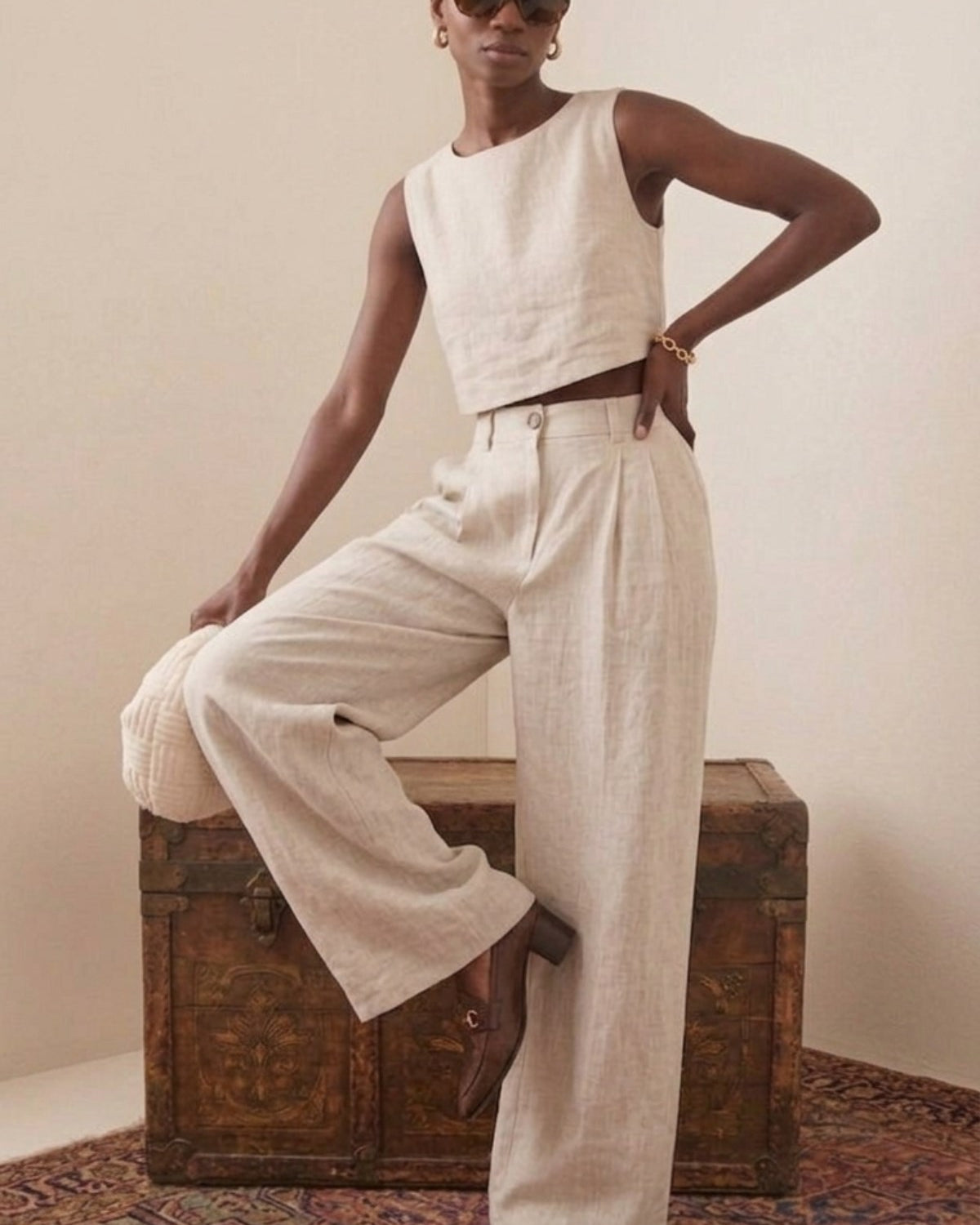 Kadın Verona Pantolon Ekru – Yüksek Bel Pileli Bol Paça, Düğme Detaylı, Uzun Boy, Modern Kesim