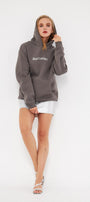 Kapüşonlu İçi Polar Sagittarius Yazılı Taş Baskılı Füme Oversize Hoodie Sweatshirt