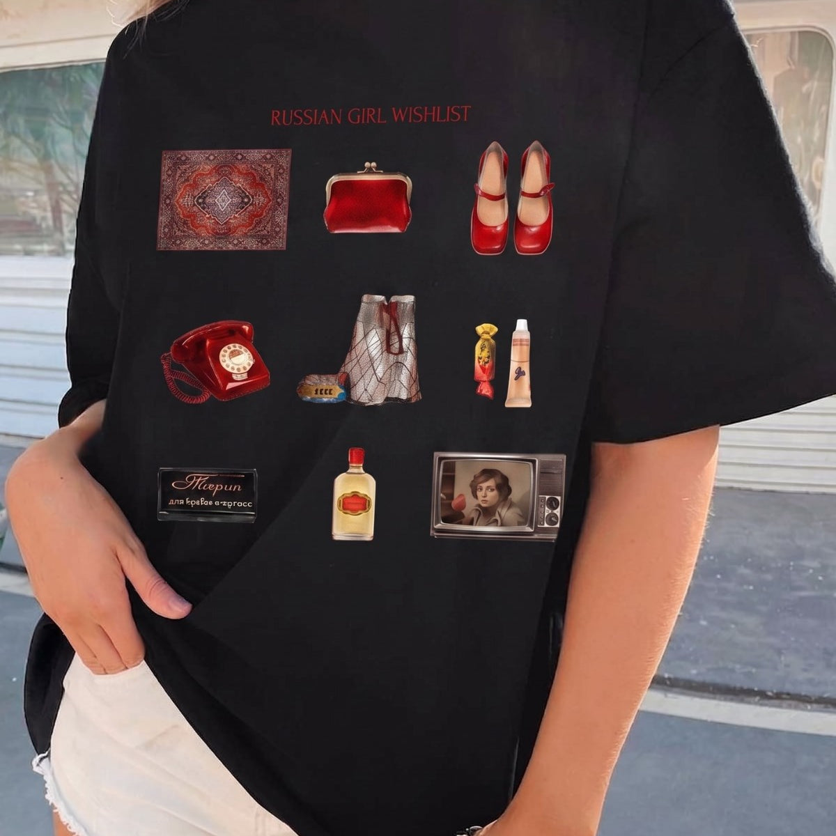 Kadın Oversize Tişört Russian Girl Wishlist Baskılı Siyah – Bisiklet Yaka, Rahat Kalıp, %100 Pamuk