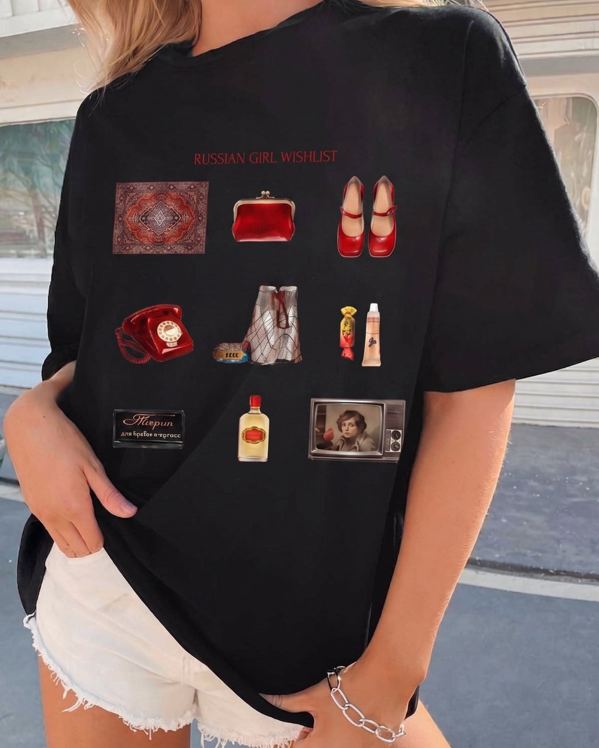 Kadın Oversize Tişört Russian Girl Wishlist Baskılı Siyah – Bisiklet Yaka, Rahat Kalıp, %100 Pamuk