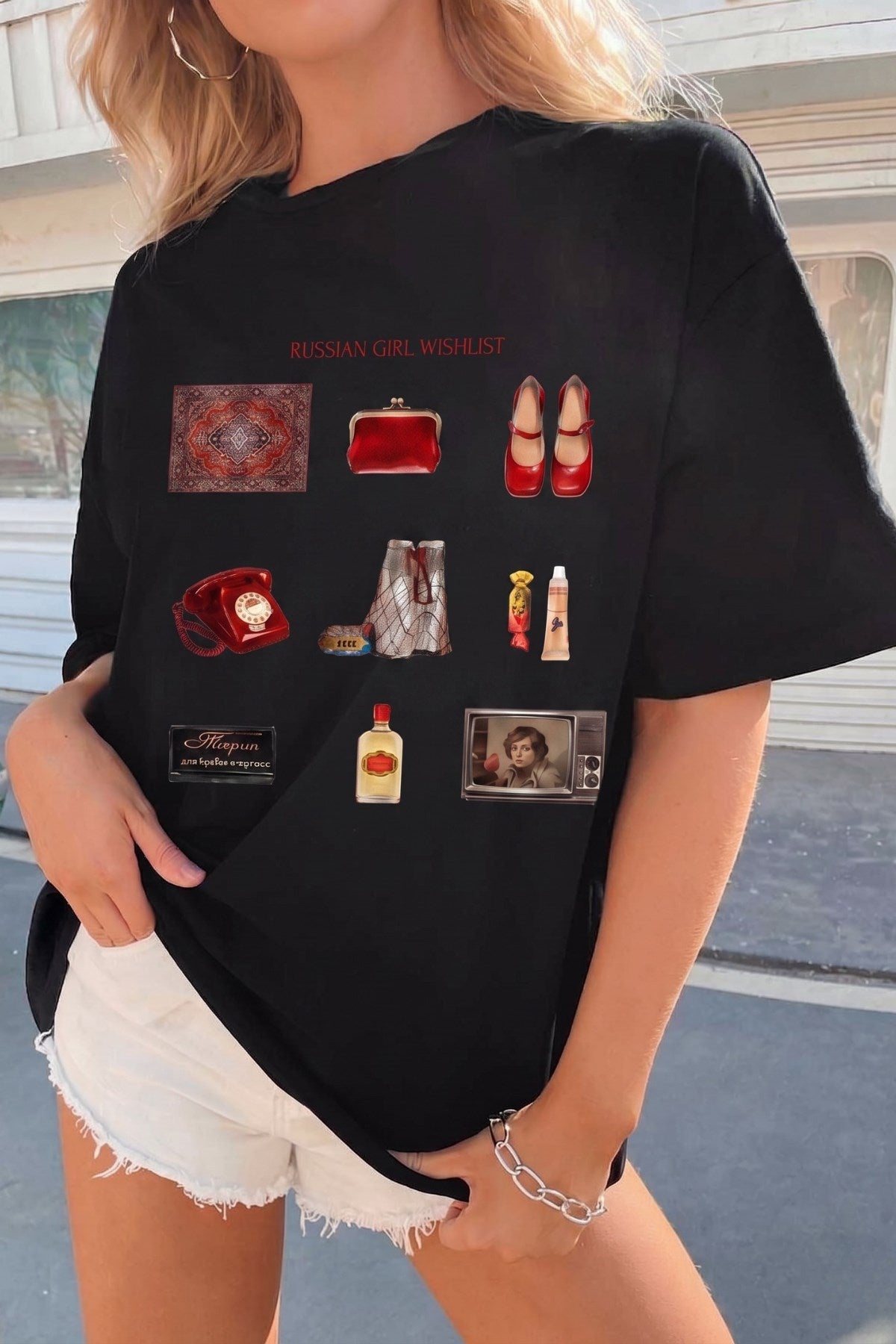 Kadın Oversize Tişört Russian Girl Wishlist Baskılı Siyah – Bisiklet Yaka, Rahat Kalıp, %100 Pamuk