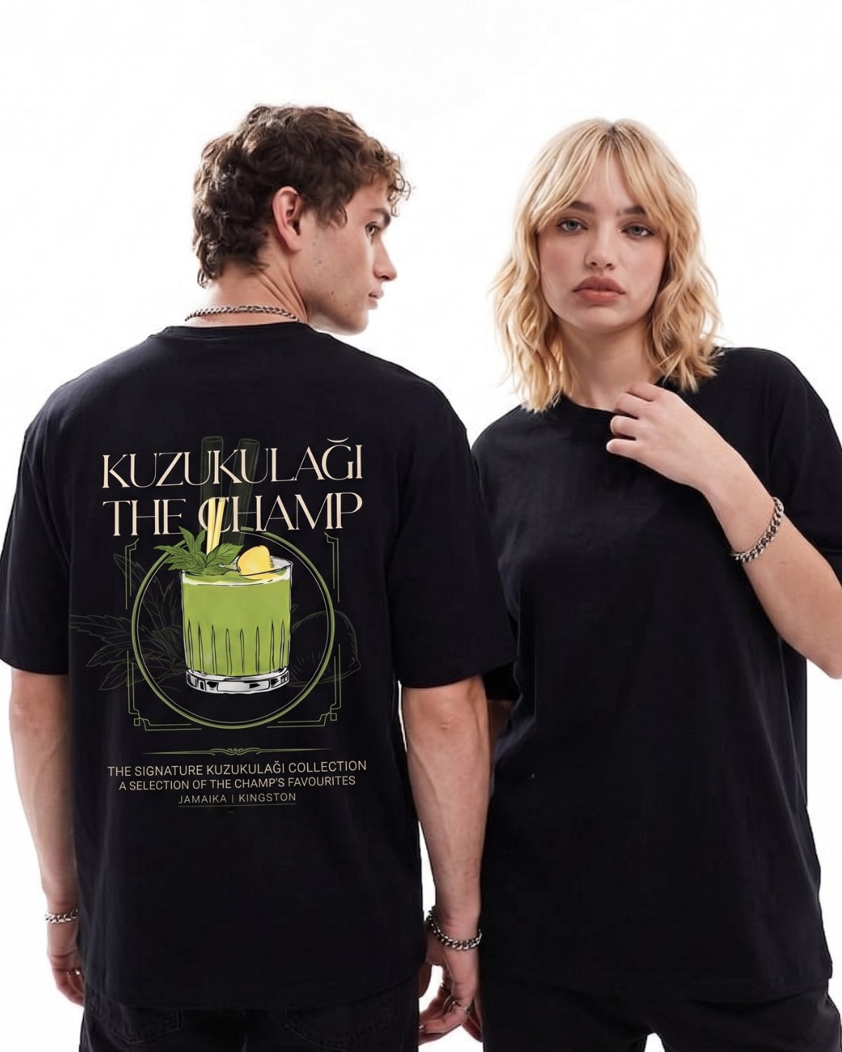 Unisex Oversize Tişört Kuzukulağı The Champ Baskılı Siyah – Bisiklet Yaka, Rahat Kalıp, %100 Pamuk