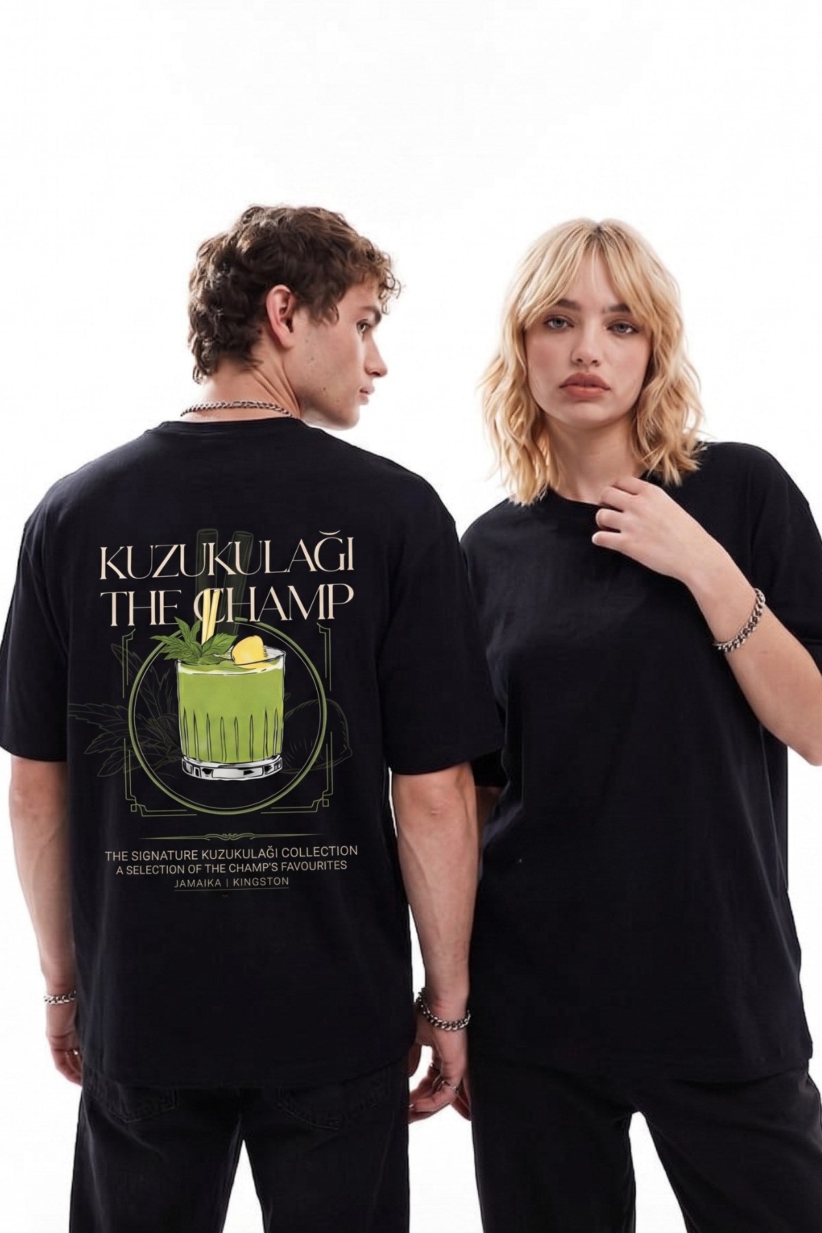 Unisex Oversize Tişört Kuzukulağı The Champ Baskılı Siyah – Bisiklet Yaka, Rahat Kalıp, %100 Pamuk