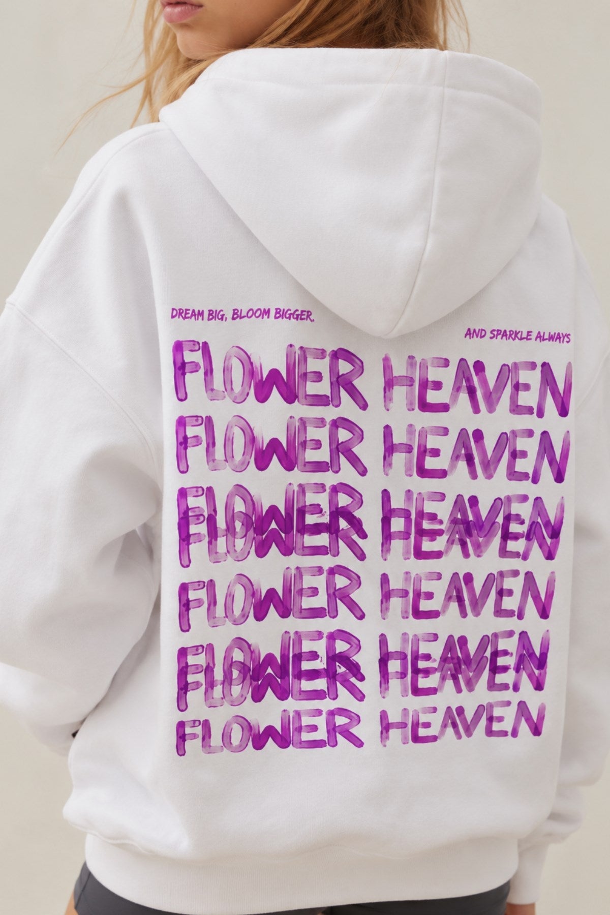 Kız Çocuk Oversize Hoodie Sweatshirt Flower Heaven Baskılı Beyaz – Kapüşonlu, Cepli, 3 İplik Polar  