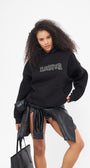 Heaven Yazılı Taş Baskılı Kapüşonlu İçi Polar Oversize Siyah Sweatshirt