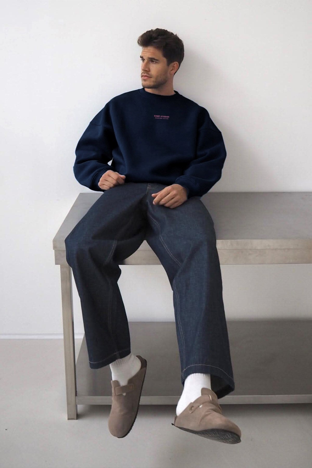 Erkek Oversize Sweatshirt CHMP STUDIOS Lacivert – Bisiklet Yaka, 3 İplik Şardounlu Polar