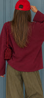 Kadın Relaxed Fit Sweatshirt Basic Bordo – Bisiklet Yaka, 3 İplik Şardonsuz, Düşük Omuz, Geniş Kol
