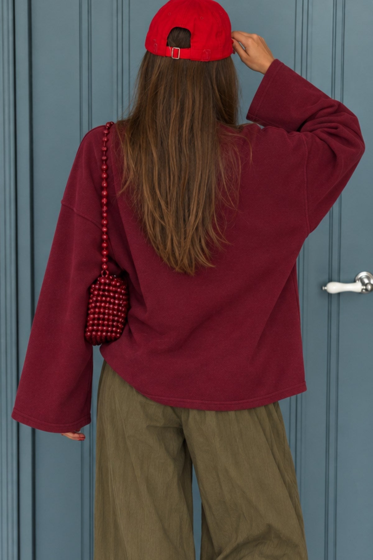 Kadın Relaxed Fit Sweatshirt Basic Bordo – Bisiklet Yaka, 3 İplik Şardonsuz, Düşük Omuz, Geniş Kol
