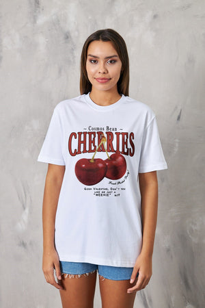 Cherries Yazılı Kiraz Tasarım Baskılı Beyaz Kadın T-shirt