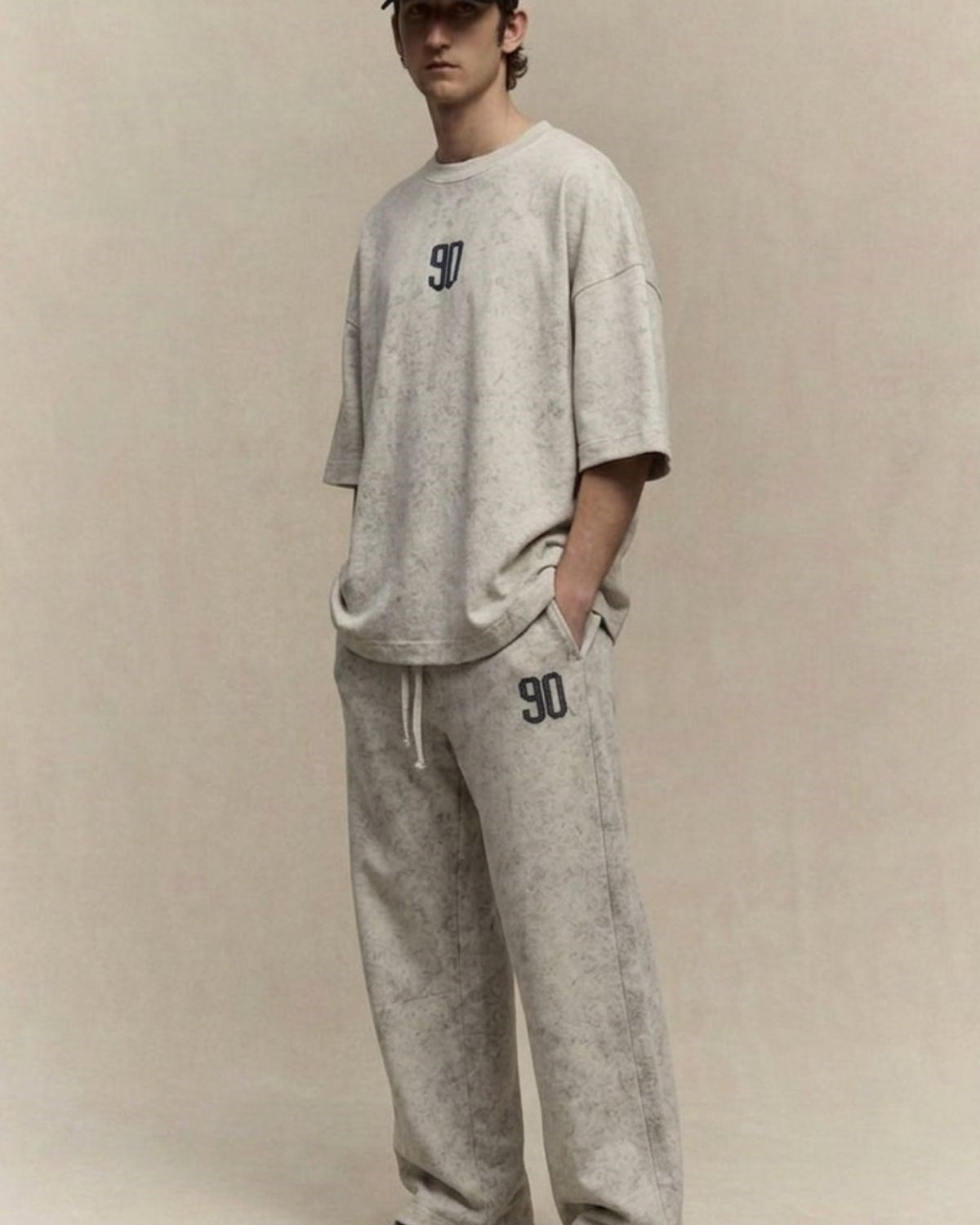 Erkek Oversize Tişört Eşofman Altı Takımı Ninety Fade Gri Yıkamalı – Premium Vintage, Özel Kumaş 