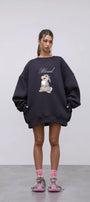 Kadın Oversize Sweatshirt Elbise Blessed Bunny Baskılı Füme – Bisiklet Yaka, 3 İplik Şardonlu Polar