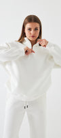 Unisex Oversize Sweatshirt Basic Beyaz – Yarım Fermuar Dik Yaka, 3 İplik Şardonlu Polar