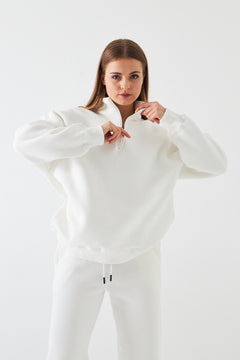 Unisex Oversize Sweatshirt Basic Beyaz – Yarım Fermuar Dik Yaka, 3 İplik Şardonlu Polar