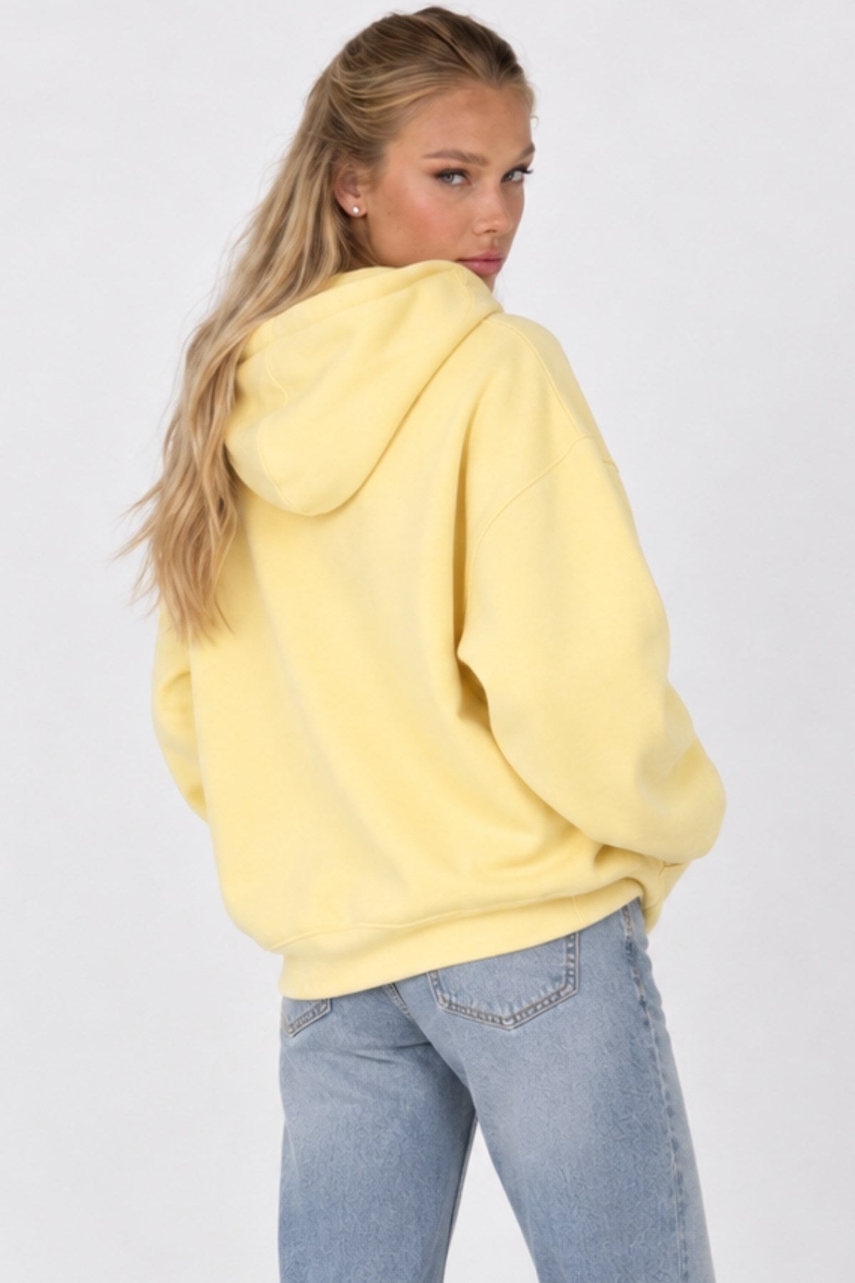 Kadın Oversize Hoodie Amore Baskılı Sarı – Kapüşonlu, Kanguru Cepli, 3 İplik Şardonlu Polar