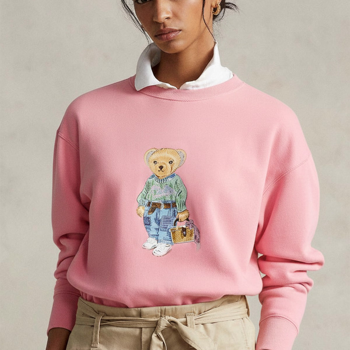 Kadın Oversize Sweatshirt Weekend Bear Baskılı Pembe – Bisiklet Yaka, 3 İplik Şardonlu